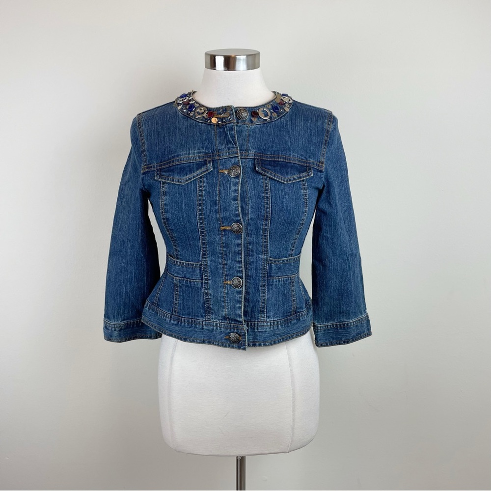 Laura Lane Blue Denim Embellished Circles Sequin Boho Jean Jacket 4 Petite